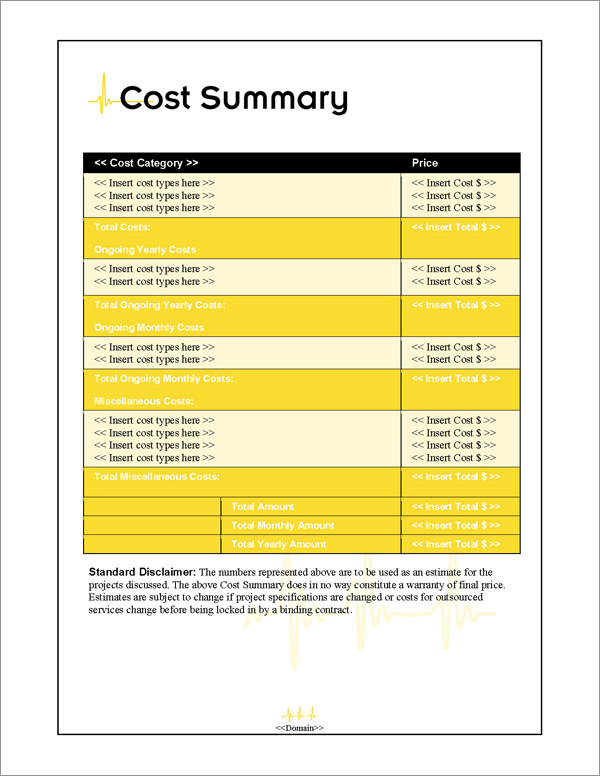 Proposal Pack Healthcare #1 Cost Summary Page