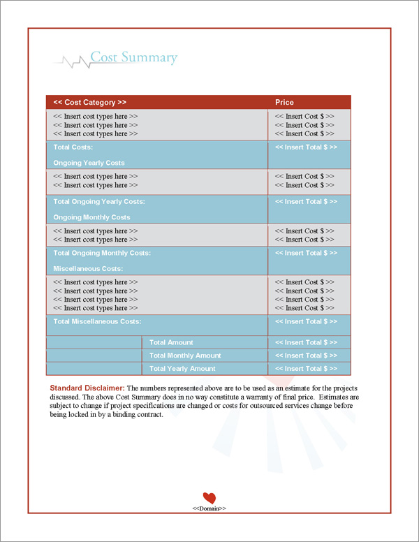 Proposal Pack Medical #6 Cost Summary Page