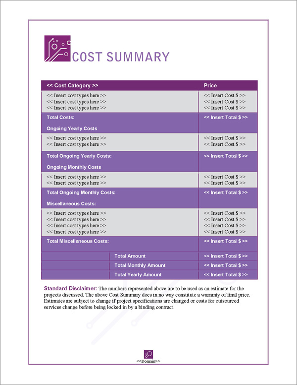 Proposal Pack Tech #5 Cost Summary Page