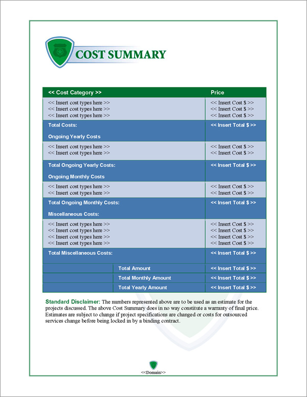 Proposal Pack Security #2 Cost Summary Page