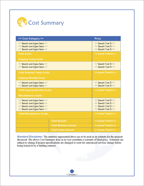 Proposal Pack Children #2 Cost Summary Page
