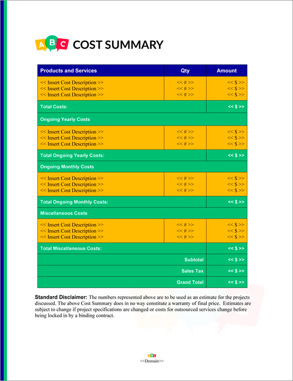 Proposal Pack Children #5 Cost Summary Page