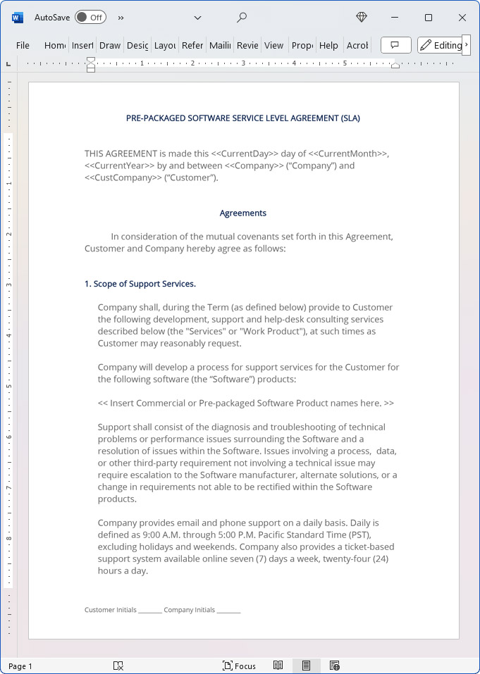 Prepackaged Software Service Level Agreement