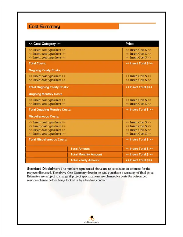 Proposal Pack Contemporary #1 Cost Summary Page