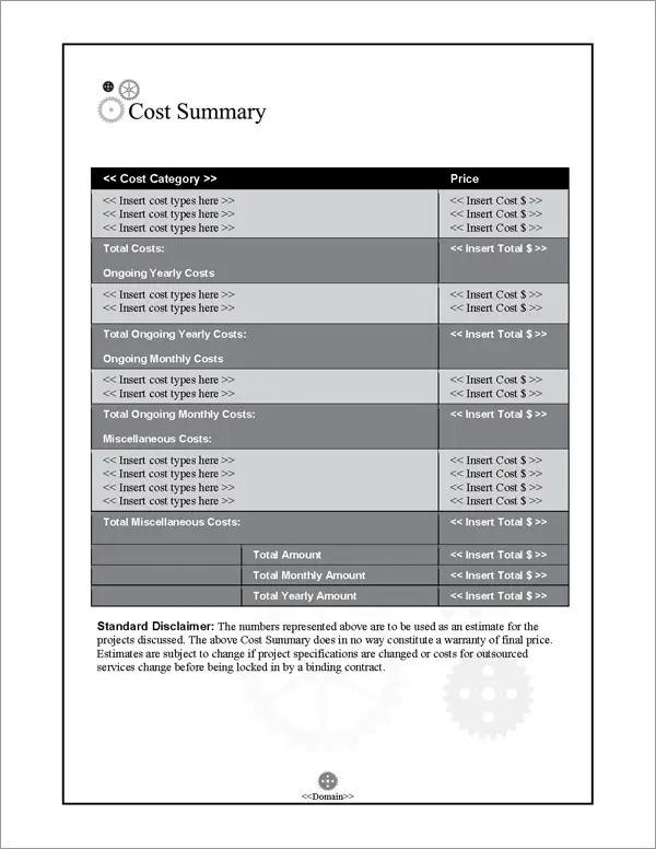 Proposal Pack Industrial #1 Cost Summary Page