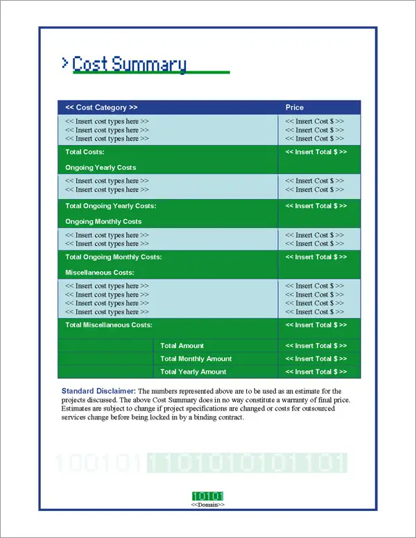 Proposal Pack Tech #2 Cost Summary Page