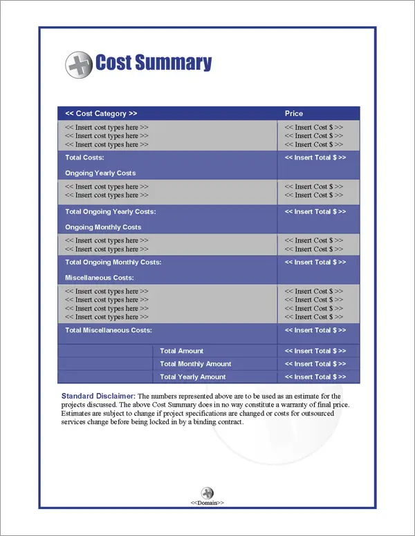 Proposal Pack Construction #1 Cost Summary Page