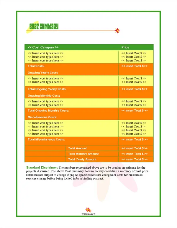 Proposal Pack Retro #1 Cost Summary Page