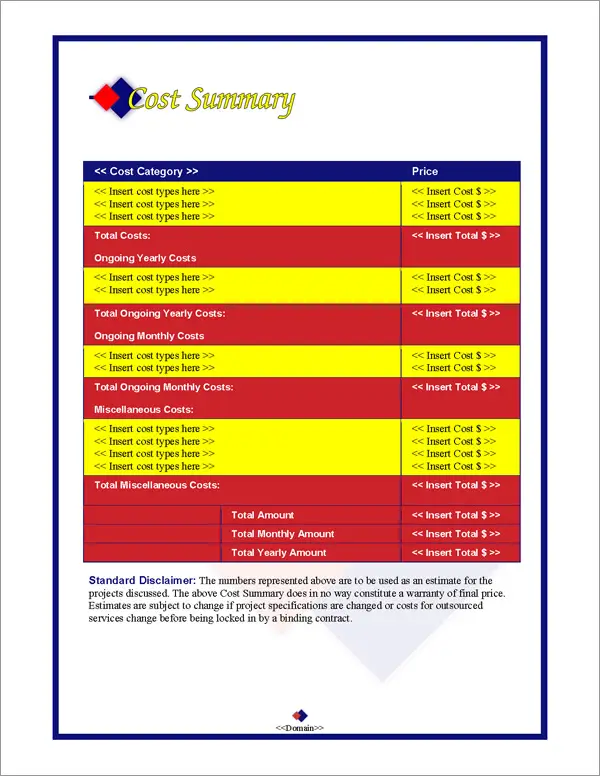 Proposal Pack Contemporary #2 Cost Summary Page