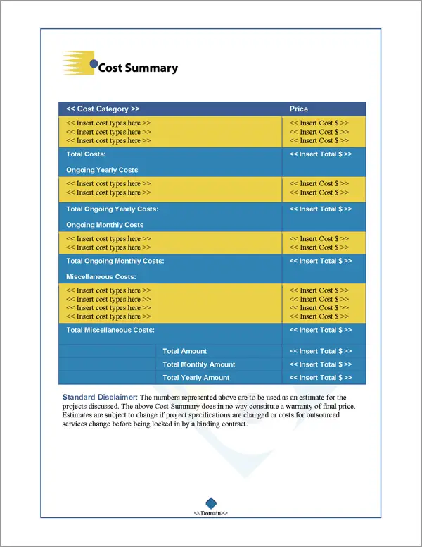 Proposal Pack Multimedia #1 Cost Summary Page