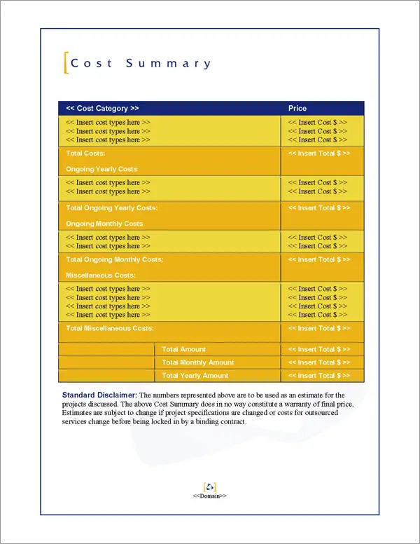 Proposal Pack Classic #3 Cost Summary Page