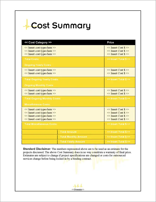 Proposal Pack Healthcare #1 Cost Summary Page