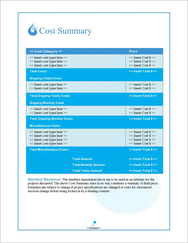 Proposal Pack Aqua #1 Cost Summary Page