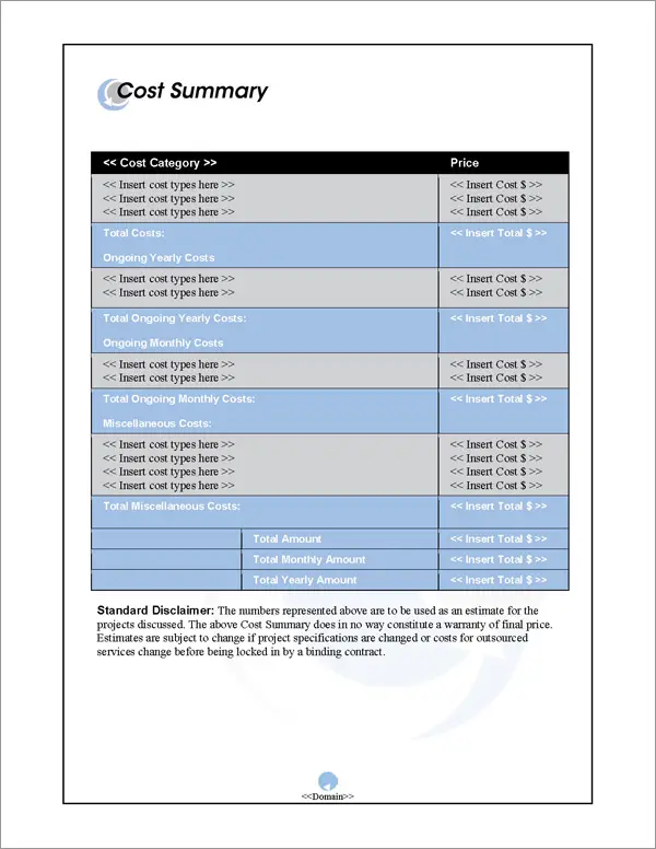 Proposal Pack In Motion #1 Cost Summary Page