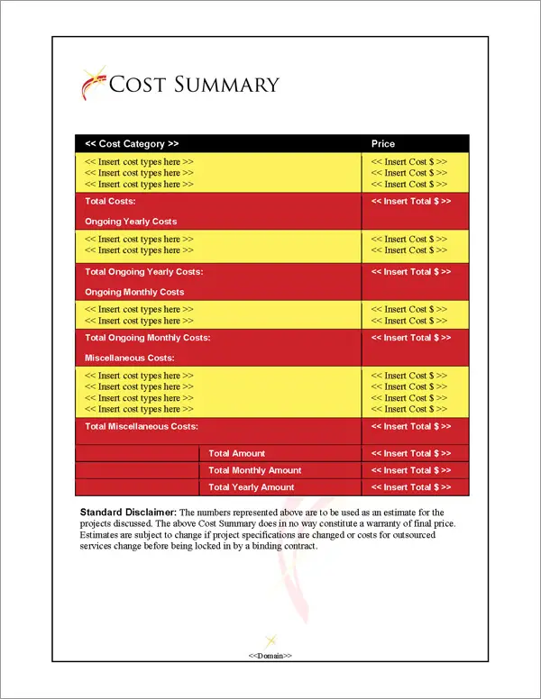 Proposal Pack In Motion #4 Cost Summary Page