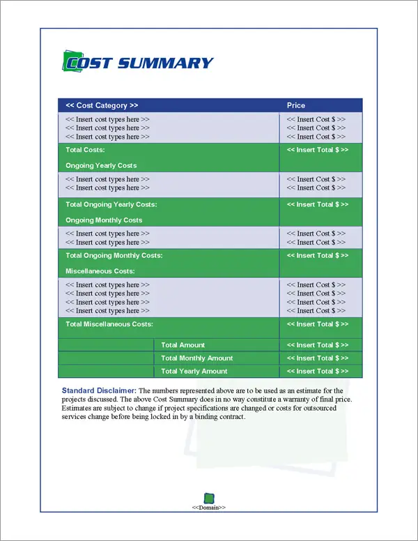 Proposal Pack Business #1 Cost Summary Page