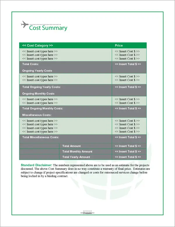 Proposal Pack Aerospace #2 Cost Summary Page