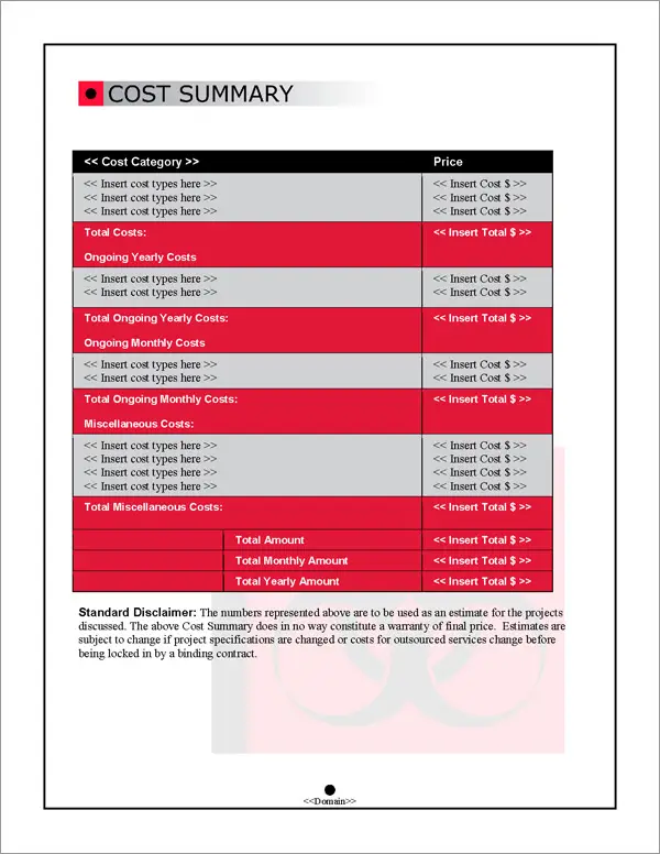 Proposal Pack Safety #1 Cost Summary Page