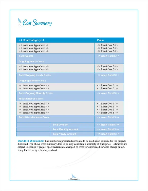 Proposal Pack Elegant #3 Cost Summary Page