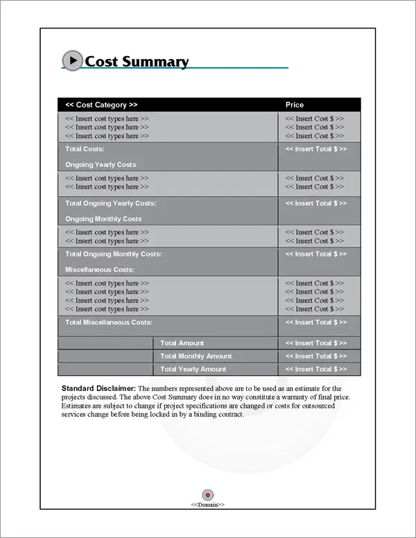 Proposal Pack Multimedia #3 Cost Summary Page