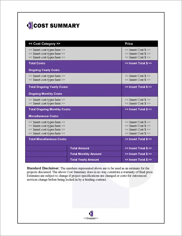 Proposal Pack Business #4 Cost Summary Page