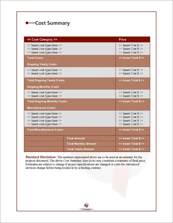 Proposal Pack Business #5 Cost Summary Page