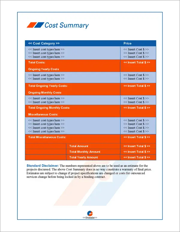 Proposal Pack Business #6 Cost Summary Page