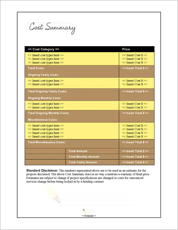 Proposal Pack Education #1 Cost Summary Page