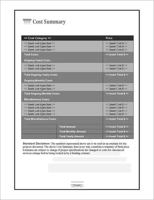 Proposal Pack Classic #4 Cost Summary Page