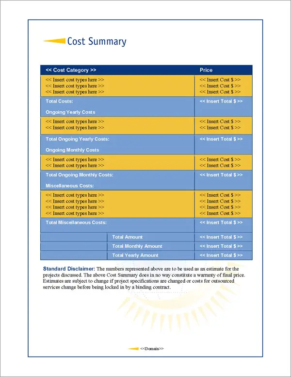 Proposal Pack Global #1 Cost Summary Page