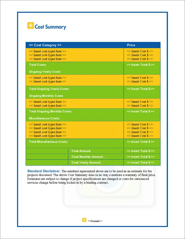 Proposal Pack Photography #1 Cost Summary Page