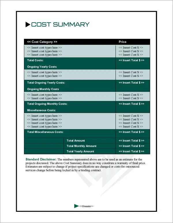 Proposal Pack Contemporary #4 Cost Summary Page