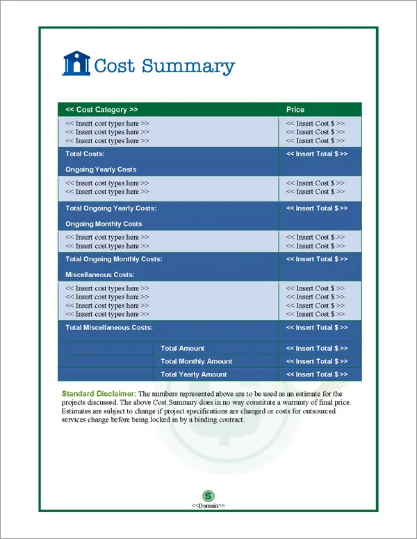 Proposal Pack Financial #1 Cost Summary Page