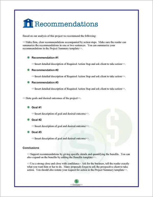 Proposal Pack Financial #1 Recommendations Page