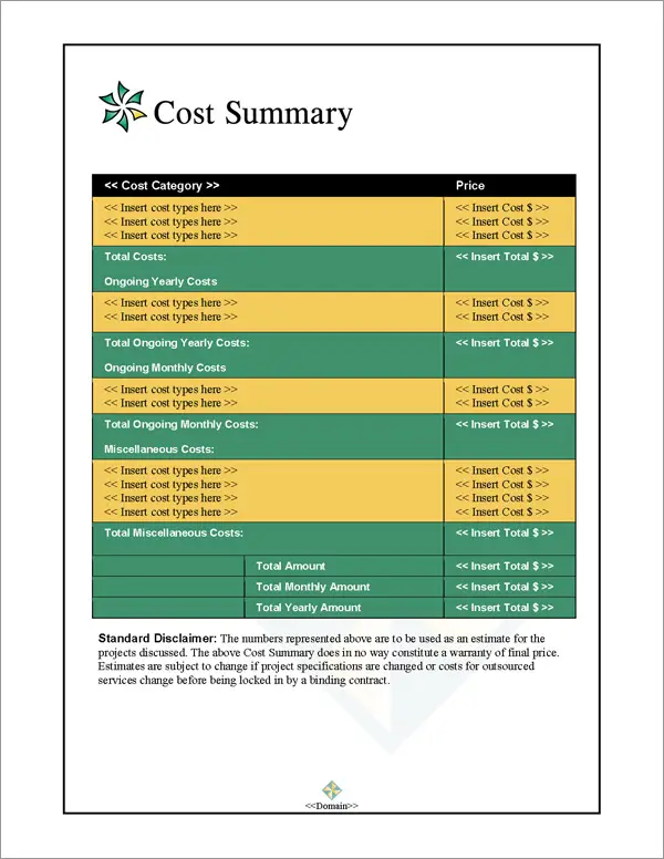 Proposal Pack Contemporary #5 Cost Summary Page