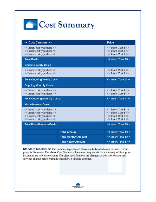 Proposal Pack Real Estate #1 Cost Summary Page