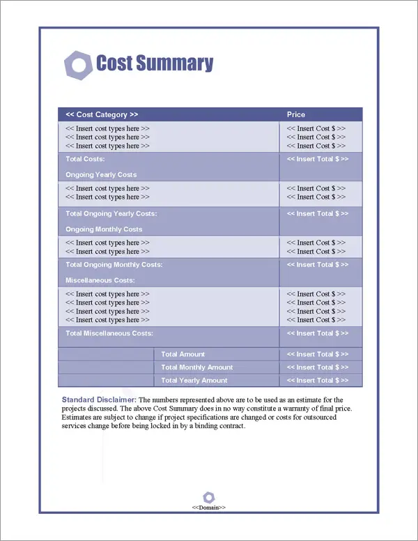 Proposal Pack Construction #2 Cost Summary Page