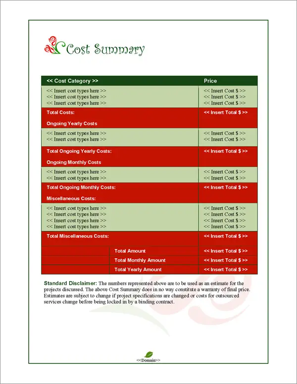 Proposal Pack Nature #1 Cost Summary Page