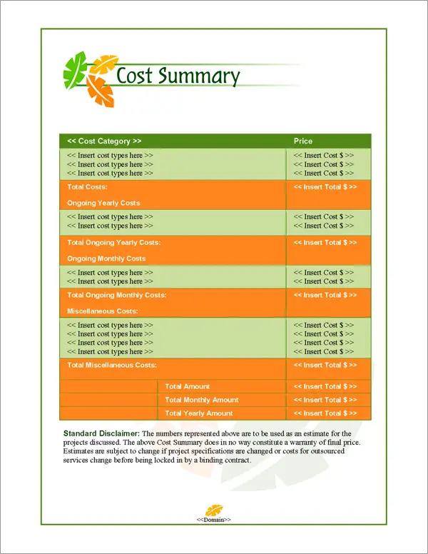 Proposal Pack Nature #2 Cost Summary Page