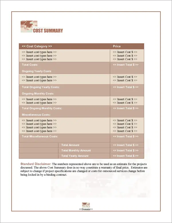 Proposal Pack Military #2 Cost Summary Page