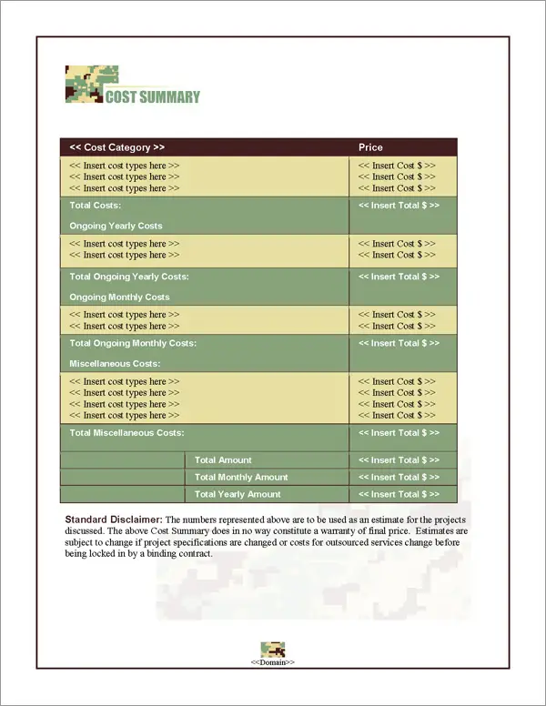 Proposal Pack Military #3 Cost Summary Page