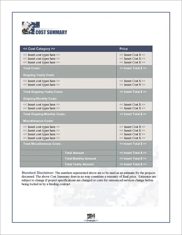 Proposal Pack Military #4 Cost Summary Page