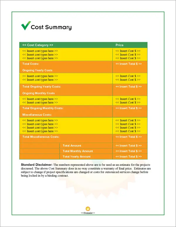 Proposal Pack Symbols #6 Cost Summary Page