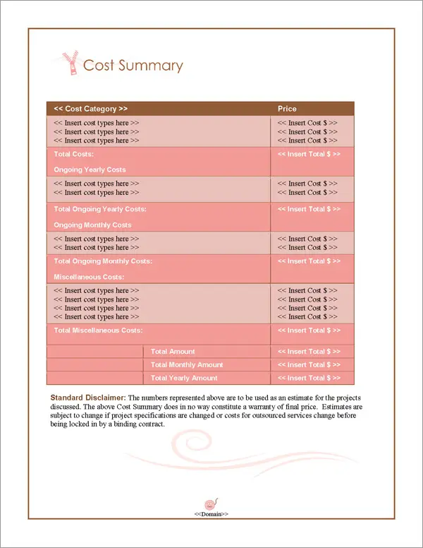 Proposal Pack Fashion #2 Cost Summary Page