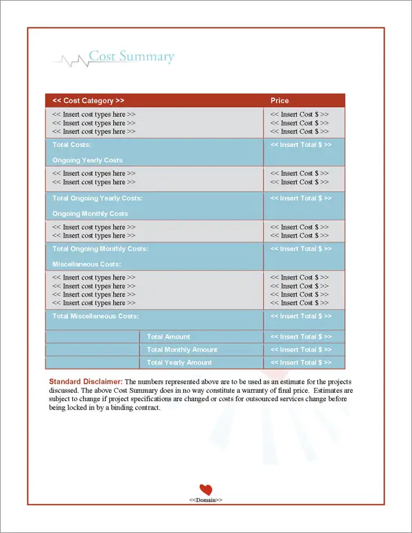 Proposal Pack Medical #6 Cost Summary Page