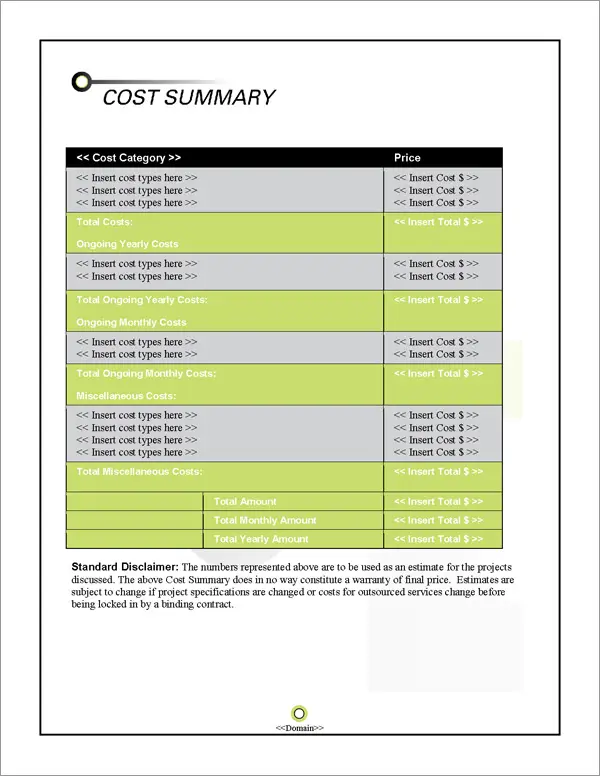 Proposal Pack Contemporary #15 Cost Summary Page