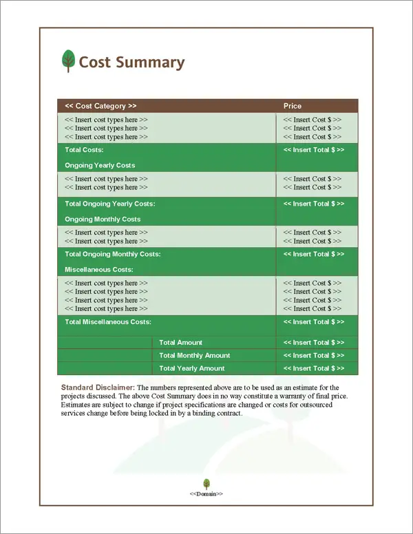 Proposal Pack Nature #3 Cost Summary Page