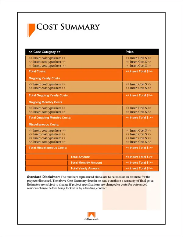 Proposal Pack Classic #5 Cost Summary Page