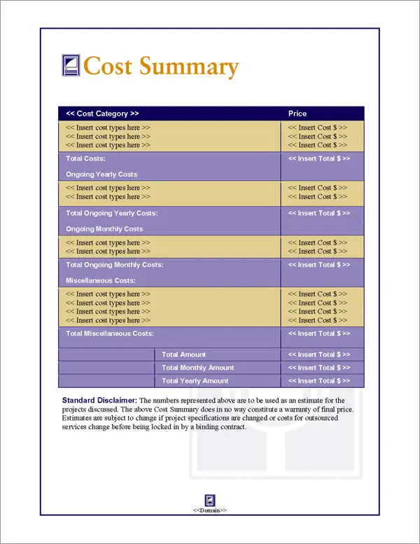 Proposal Pack Communication #1 Cost Summary Page