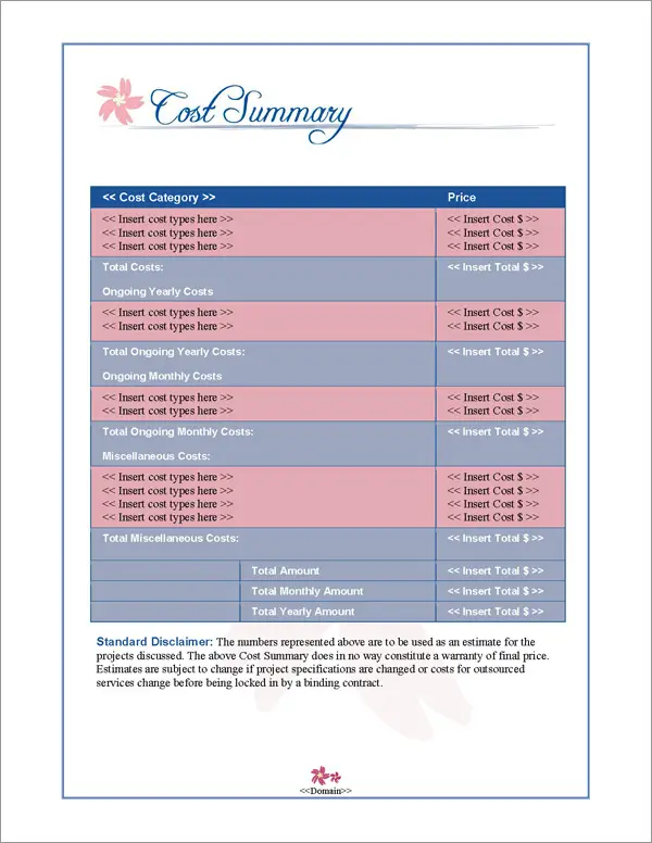 Proposal Pack Elegant #2 Cost Summary Page